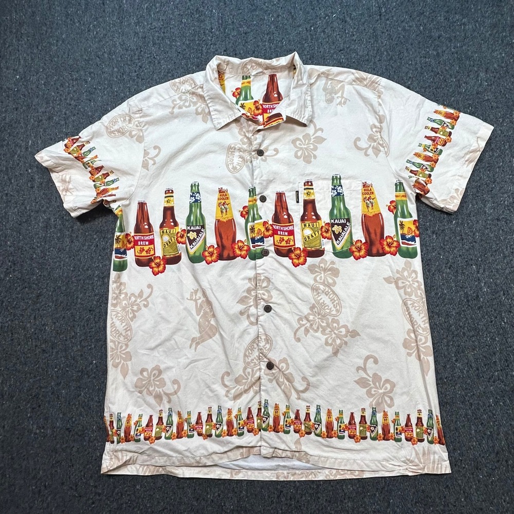 Palmwave Button Up Shirt Mens 2XL Cream Tropical Beer Bottle Print Hawaiian